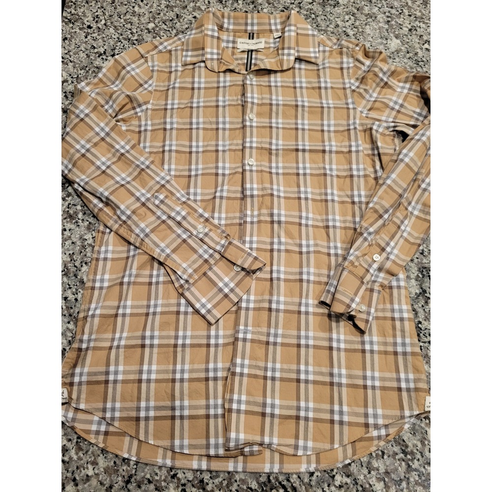 Crosby & Howard‎ Mens Tan Plaid Button Down Stretch  Long Sleeve Shirt Size M